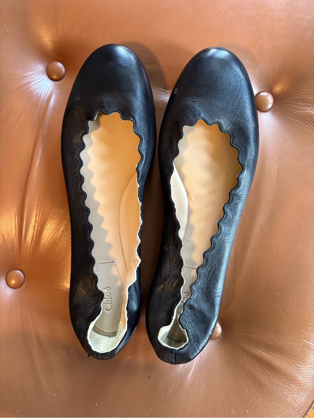 Chloe Black Leather Scalloped Ballet Flats Size 37.5